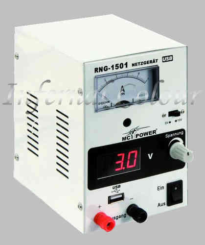 Analog / Digital Netzteil 0-15 V / 1 A / mit USB 0-5 Volt Spannungsanschluss